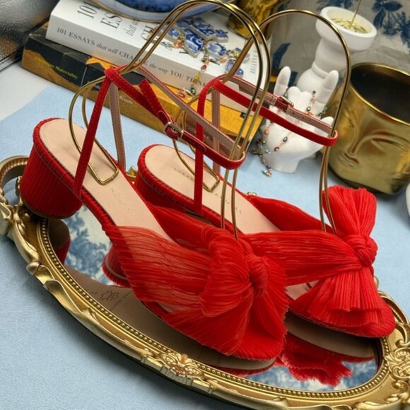 🆕 LOEFFLER RANDALL 🧿 NWOT Dahlia Candy Apple Red Pleated Organza Bow Heel Sz 7 - Picture 13 of 16